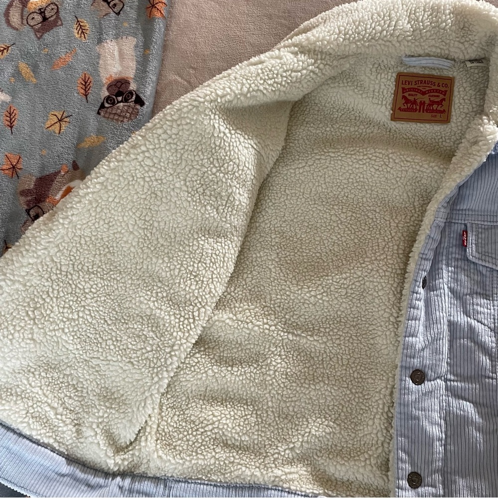 Levi’s Women’s Ex-Boyfriend Light Blue Corduroy Sherpa Trucker Jacket Size L - Picture 3 of 8